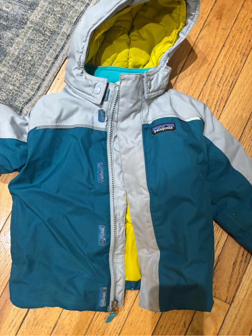 Patagonia Teal & Light Gray Jacket with Yellow Lining